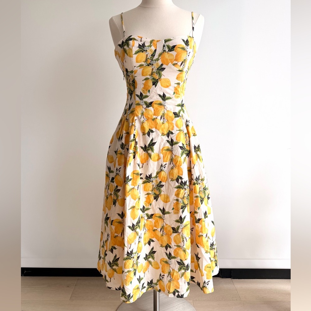 Cider Cotton Lemon Lace Up Pleated Cami Midi Sundress